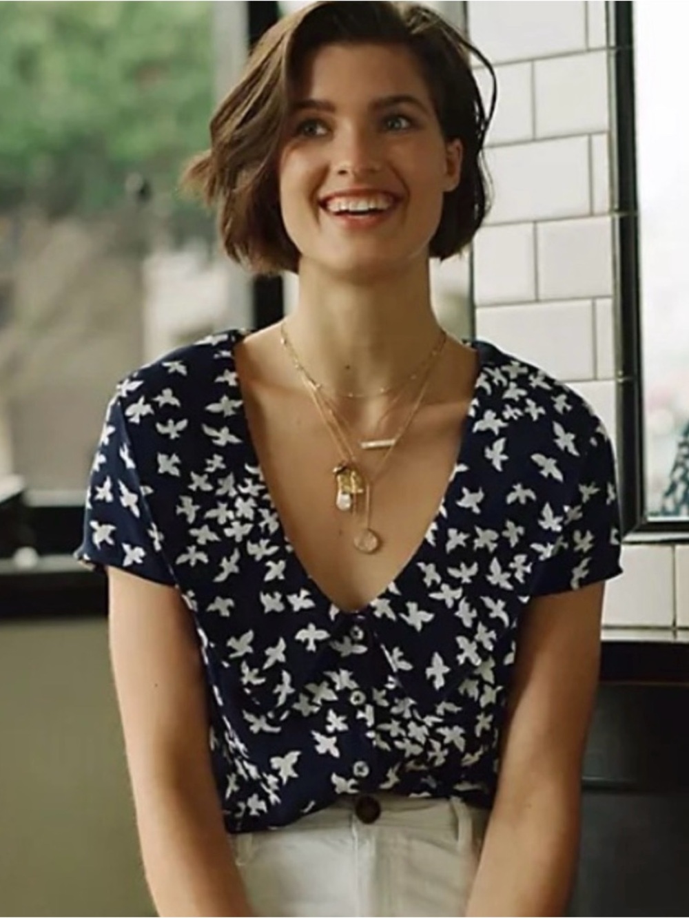 Maeve Navy V-Neck Button Front Blouse with White Bird Print